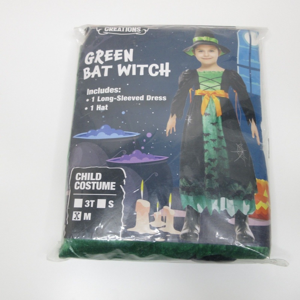 Spooktacular Creations Green Bat Witch Child Costume Set Dress Hat Medium M